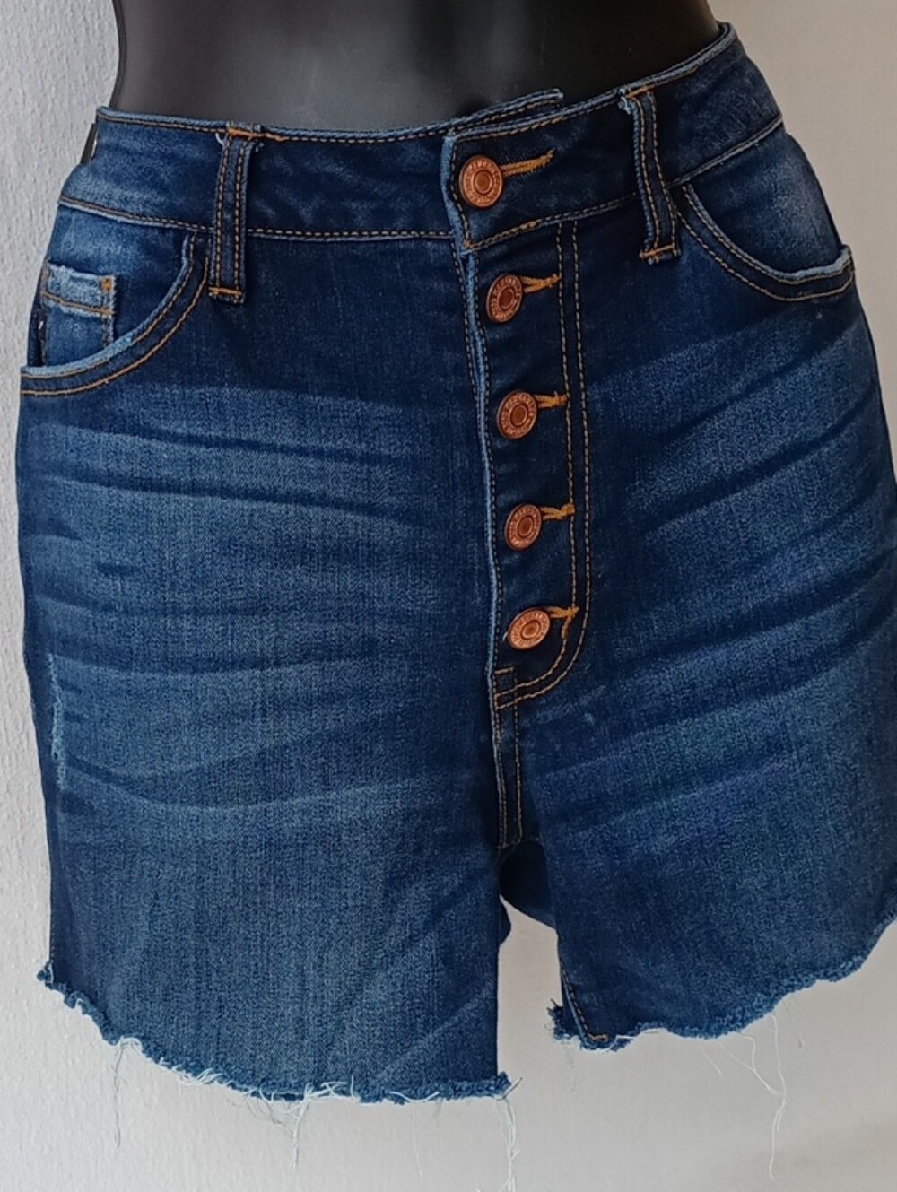 KanCan Dark Blue High-Rise Button-Front Denim Shorts